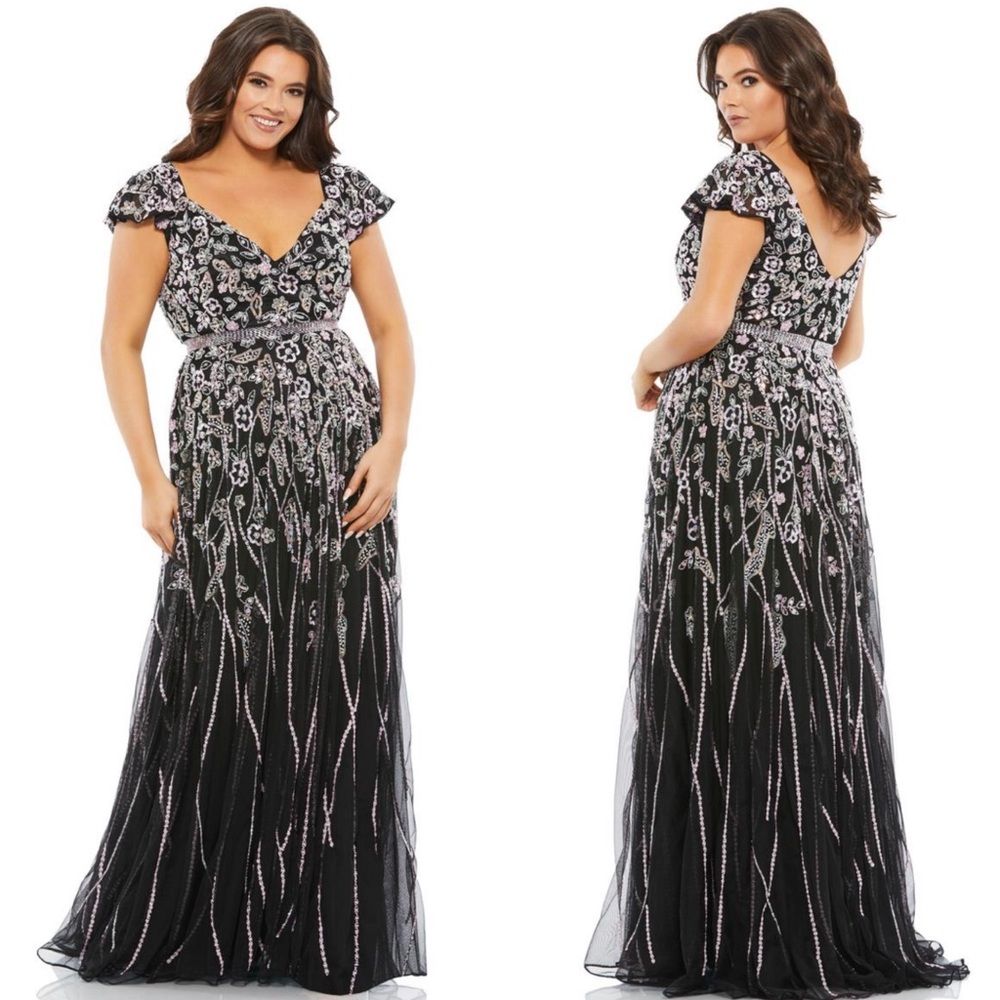 Mac Duggal 5353 Flaw Plus Size 20w Floral Beadwork Flare Cap Sleeve A-Line Dress